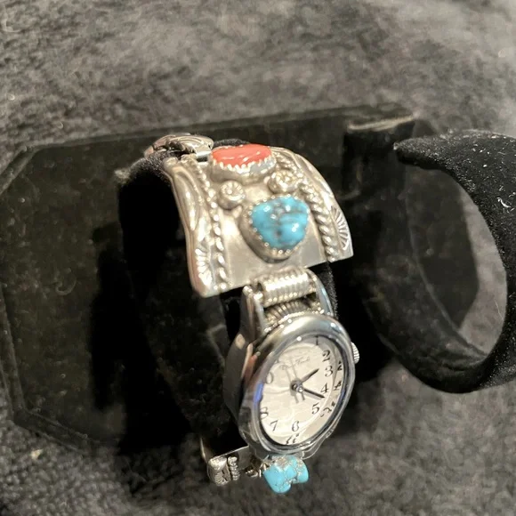 Vintage Navajo Turquoise & Coral Nugget Watchband Featuring New Watch - Picture 3 of 10